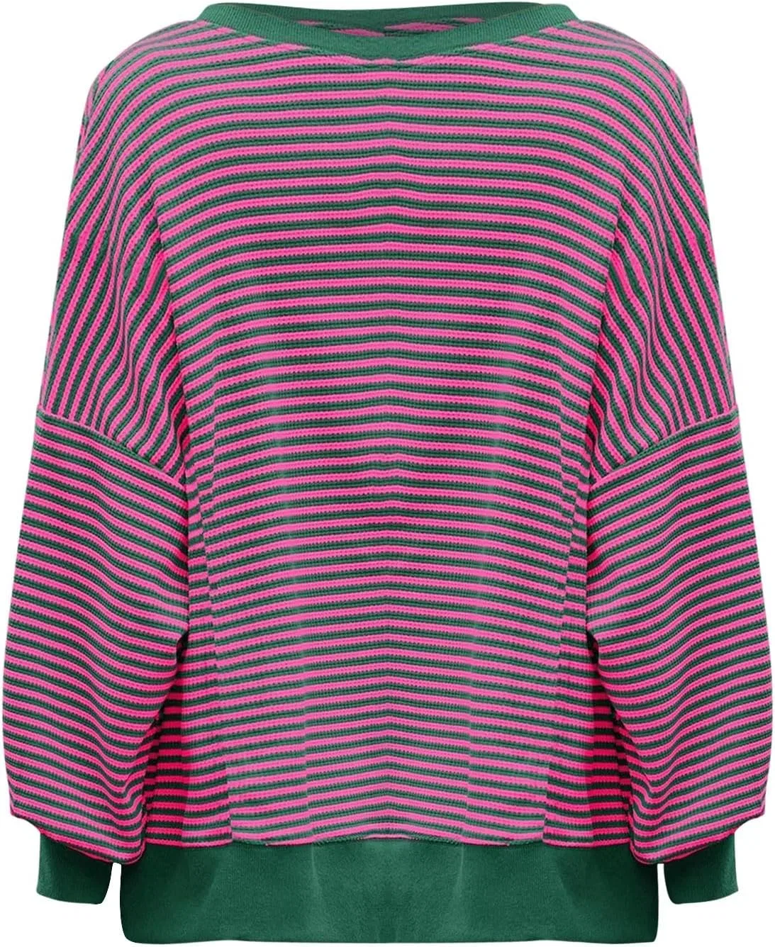 Женский свободный свитшот с принтом Waffle Knit Long Sleeve Crewneck Loose Split Lightweight Fall Pullover Sweater, ярко-розовый — фото 4