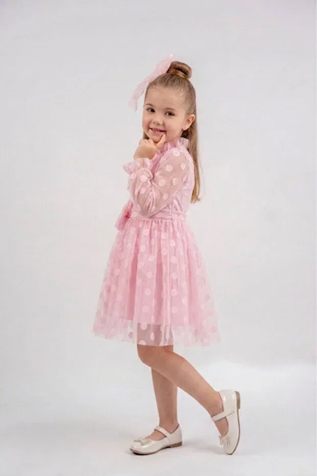 Детское вечернее платье для девочек с принтом Polka Dot Buckle Bow Detailed Eray Kids, Pink — фото 3