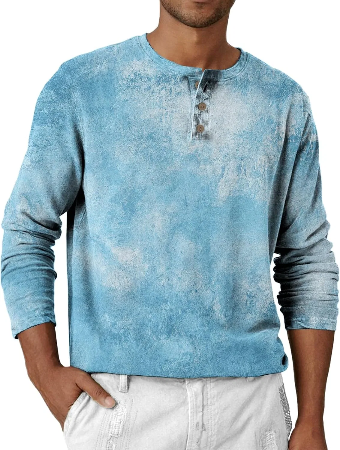 Мужская классическая футболка с длинным рукавом Henley, Sky Blue — фото 3