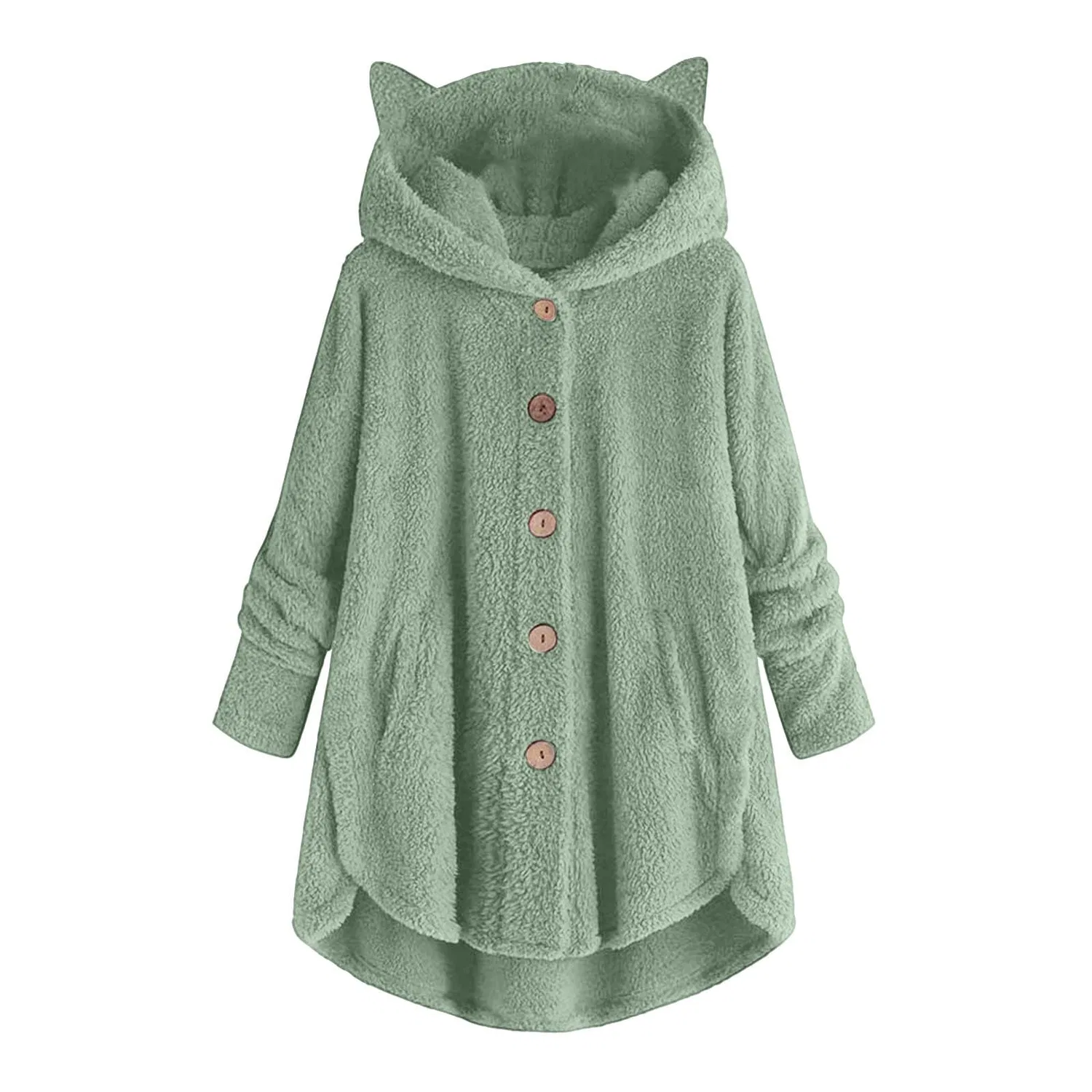 Женское зимнее пальто с капюшоном на флисе, с длинным рукавом, однотонное, Green