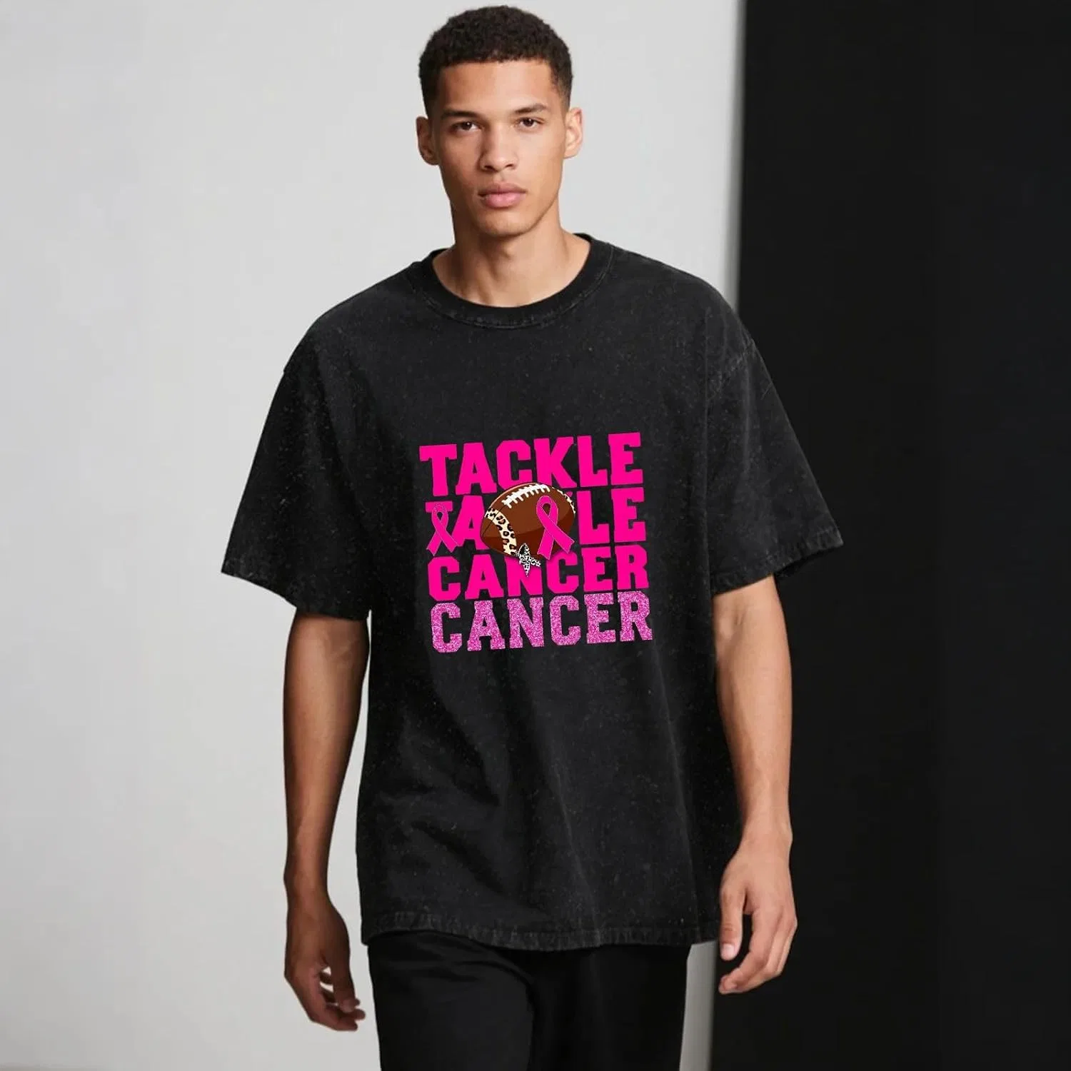 Мужская футболка с принтом Tackles Breast Cancer Awareness, Wash Black — фото 4