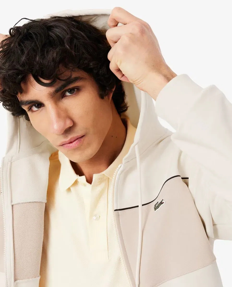 Мужская худи с капюшоном и молнией цветовая блокировка Lacoste, Beige — фото 3