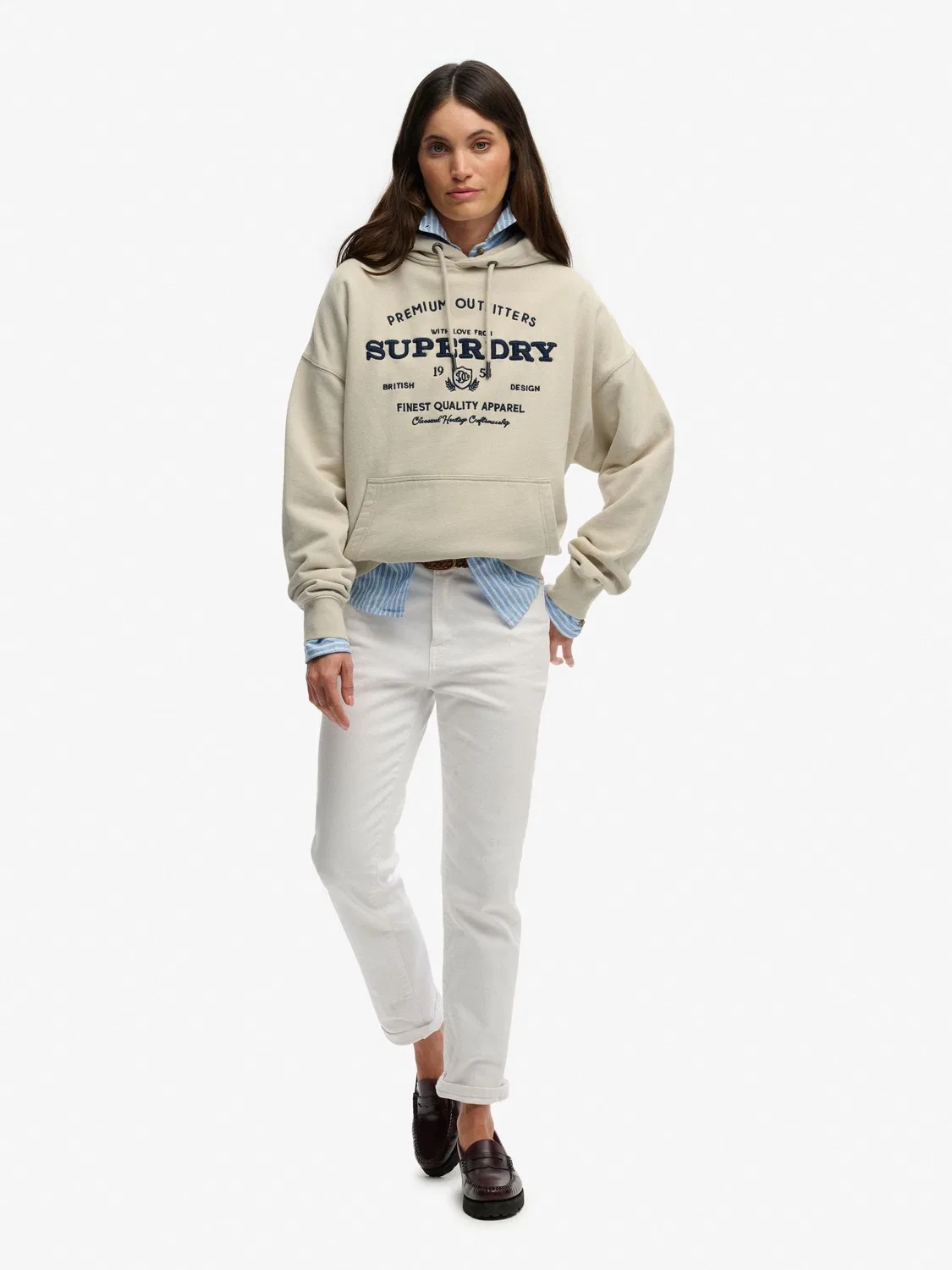 Худи оверсайз Superdry Luxe Casual Embroidered Relaxed, кремовый — фото 4