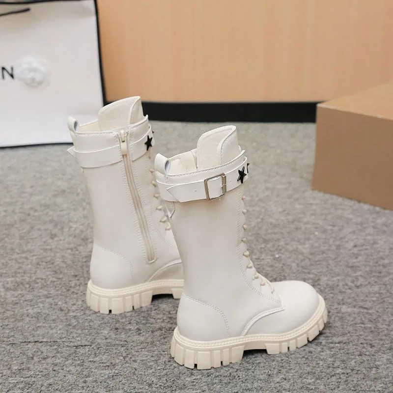 Детские ботинки для девочек с принтом, модель Girls White Combat Boots, White Stars — фото 2