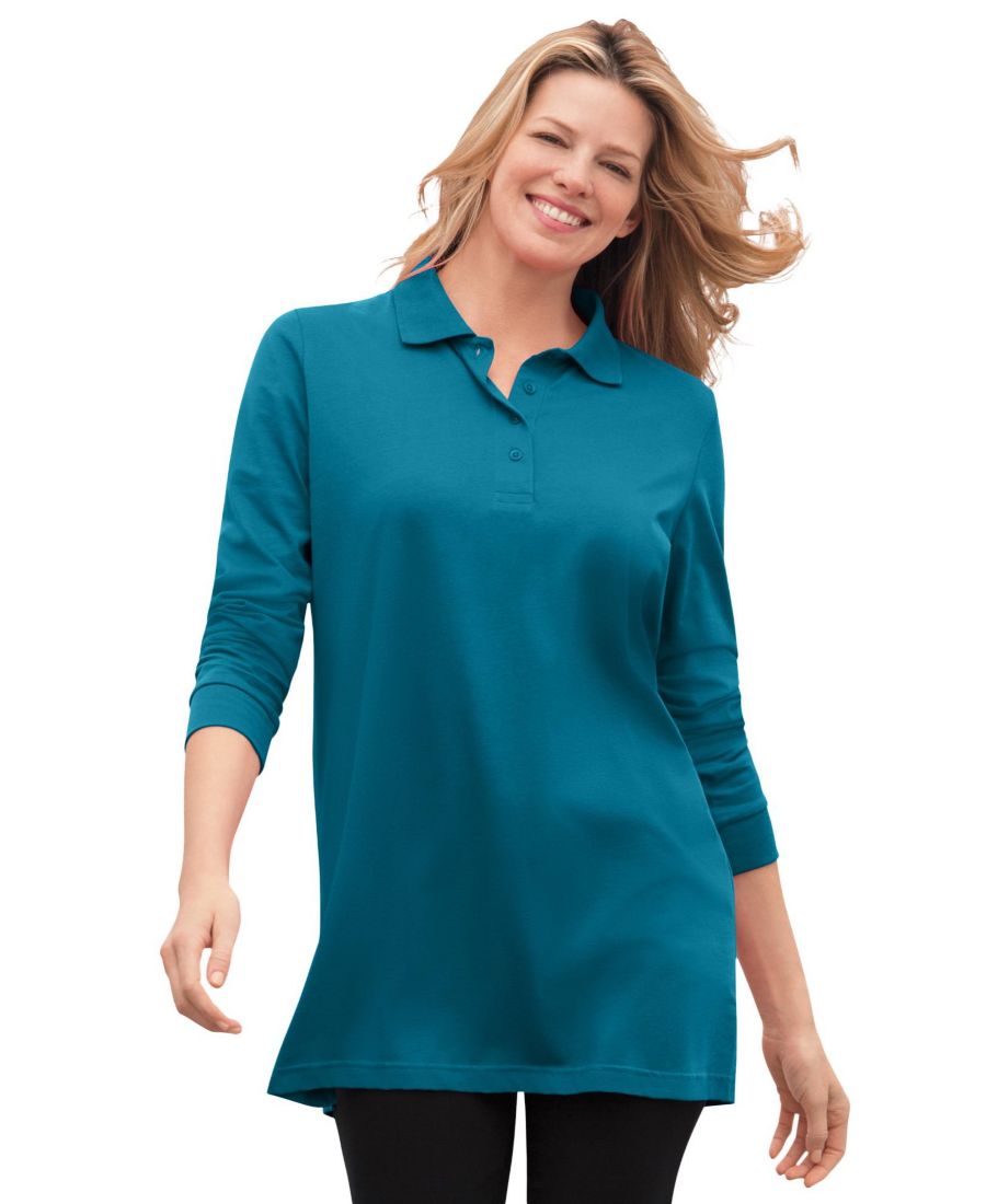 

Женская рубашка-поло с длинными рукавами больших размеров Woman Within, Deep teal