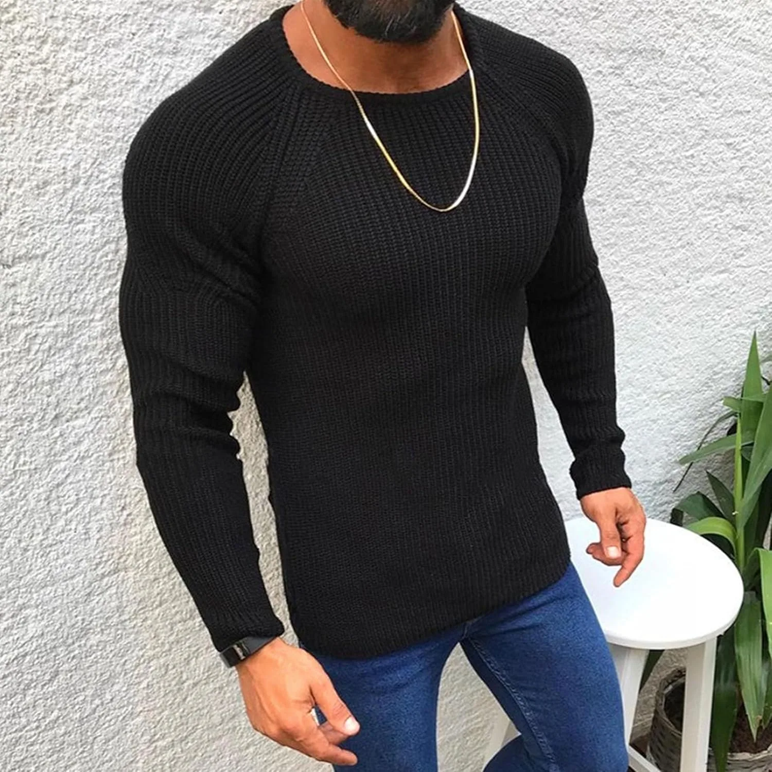 Мужской свитер slim fit из шерсти с регланом и вафельной вязкой — фото 3