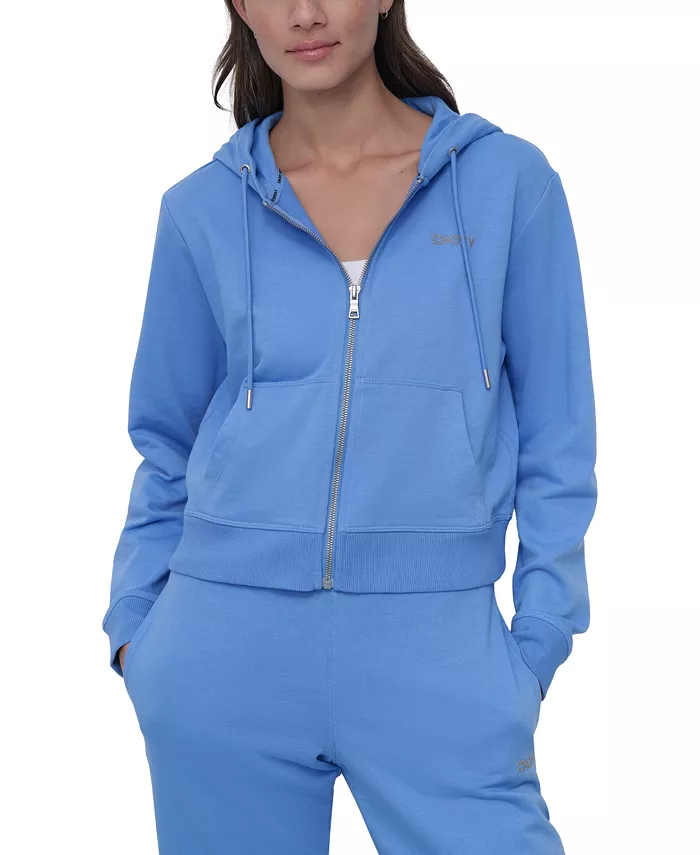 

Женская худи на молнии с логотипом-заклепками из хлопковой смеси DKNY, синий