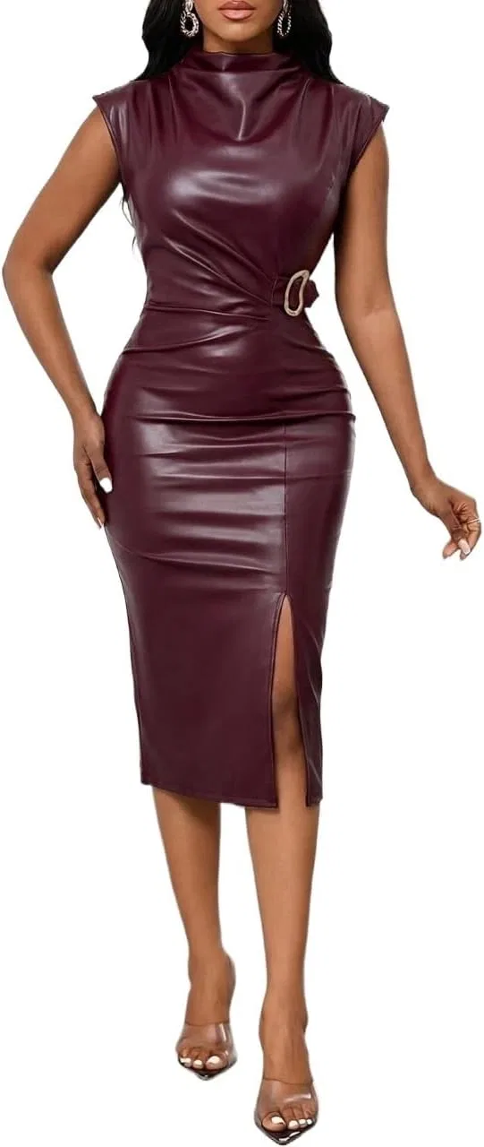Женское повседневное миди-платье с боковой застежкой PU Leather, Burgundy