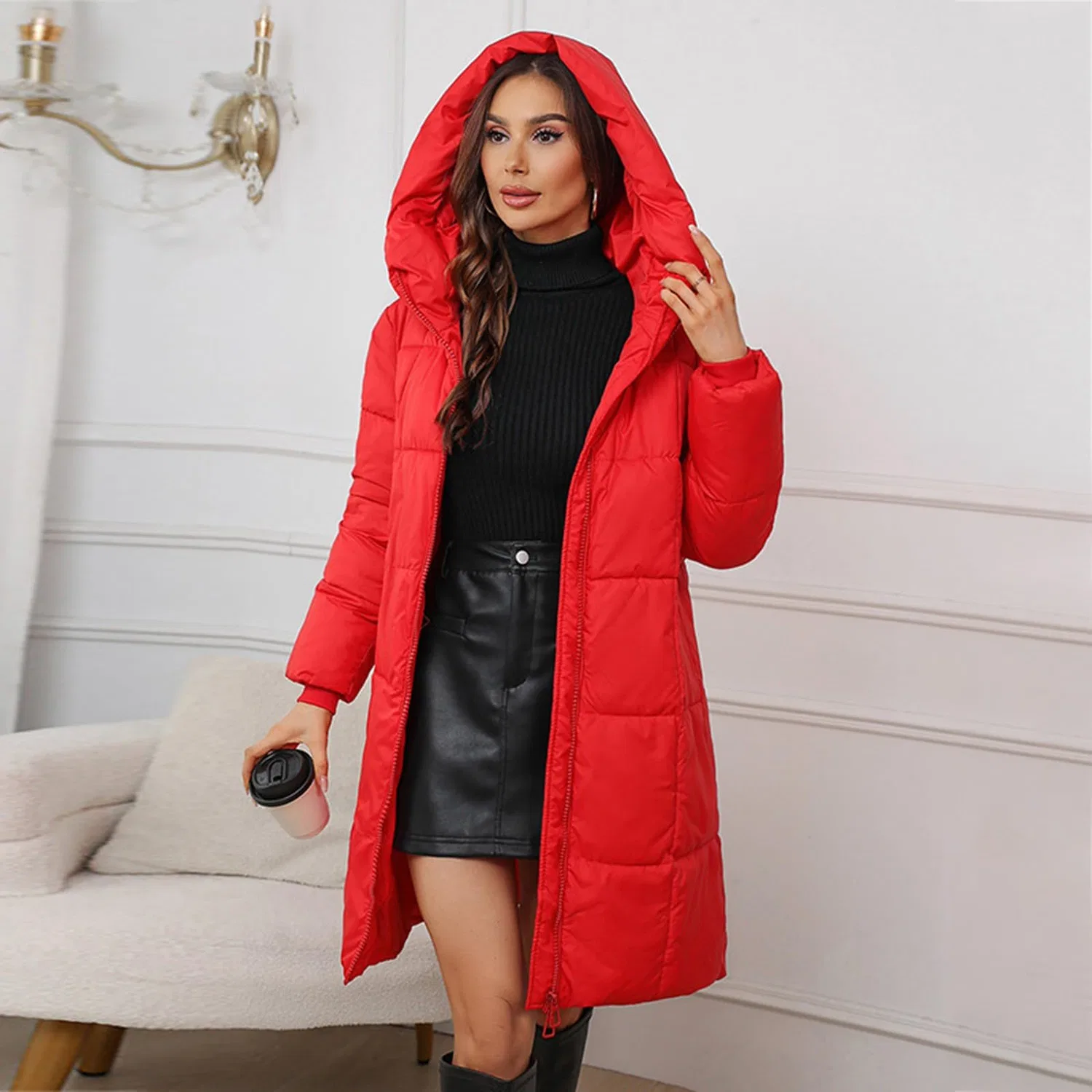 Женское зимнее пальто с капюшоном, длинное, slim fit, с длинным рукавом, Rosso — фото 2