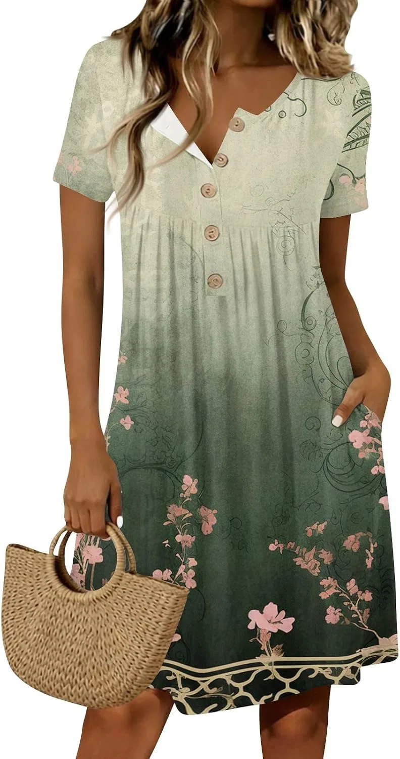 Платье-рубашка с коротким рукавом и карманами, Dark Green