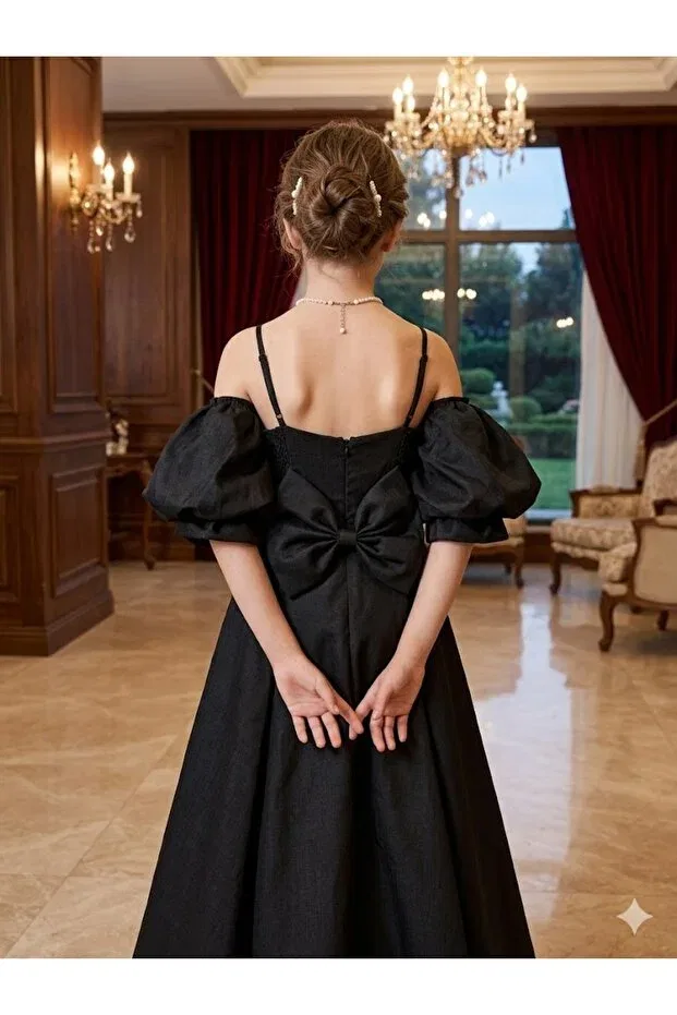 Детское платье для девочек с принтом Balloon Sleeve Girl's Evening Dress With Bow Detail On The Back Erkut, Black — фото 3