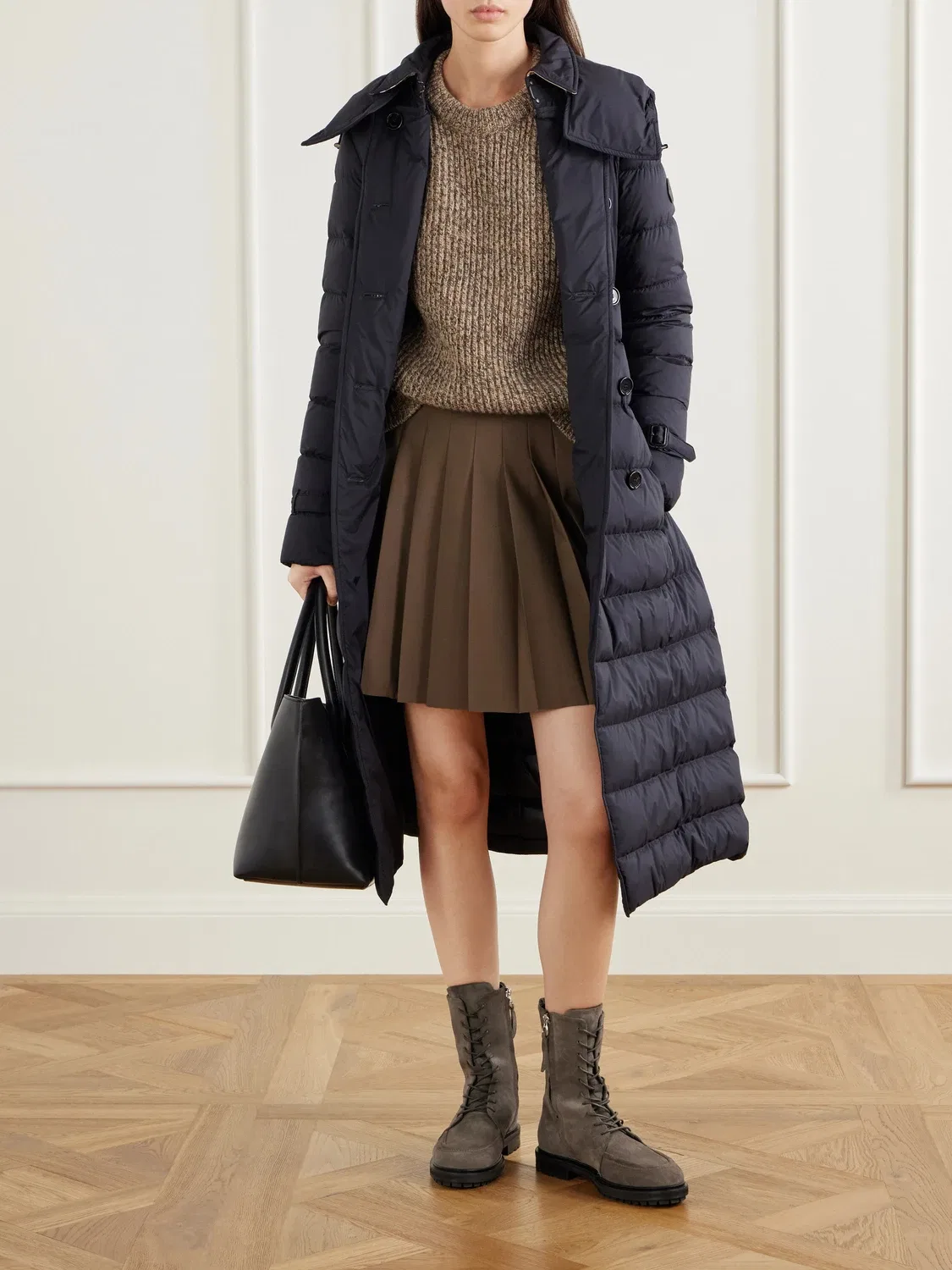 Пальто из стеганой ткани с поясом, двубортное, с подкладкой Burberry, черный — фото 2