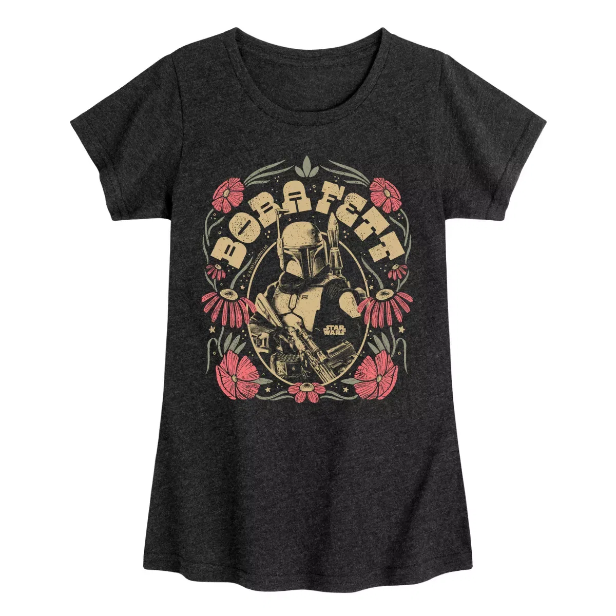 Детское платье-футболка с принтом Star Wars Boba Fett Boho Flowers, Star Wars, Heather Black
