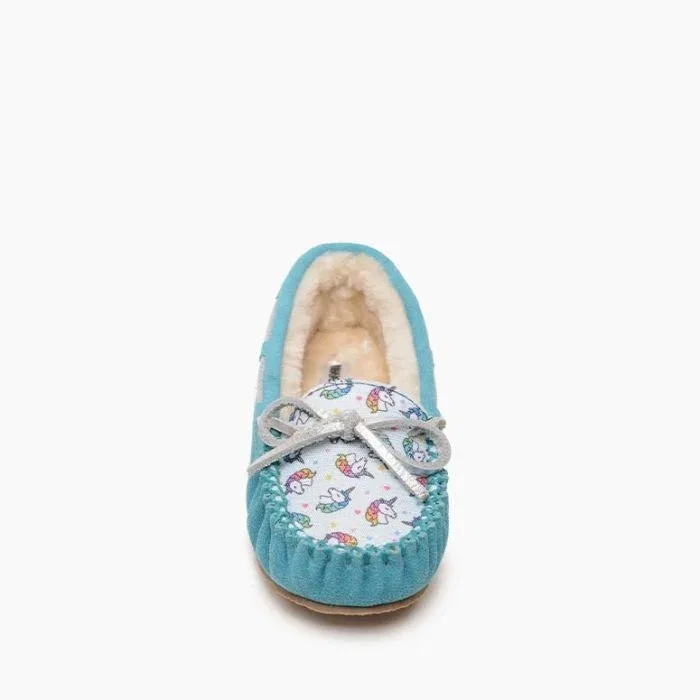 Детские тапочки-мокасины из замши с принтом Cassie Turquoise Unicorn Minnetonka, синий — фото 3