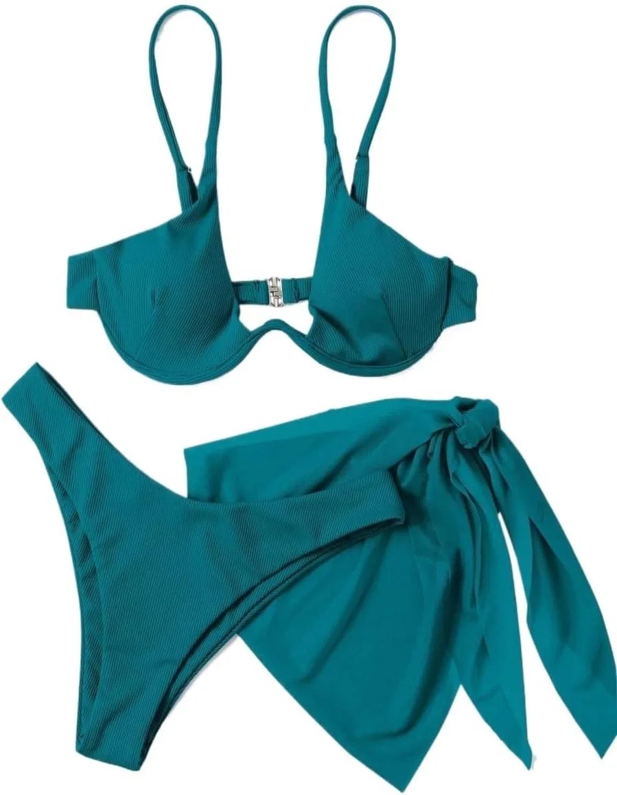 Женский бикини-комплект с высокой талией Push Up 3 Piece Bikini Set, Mint Blue