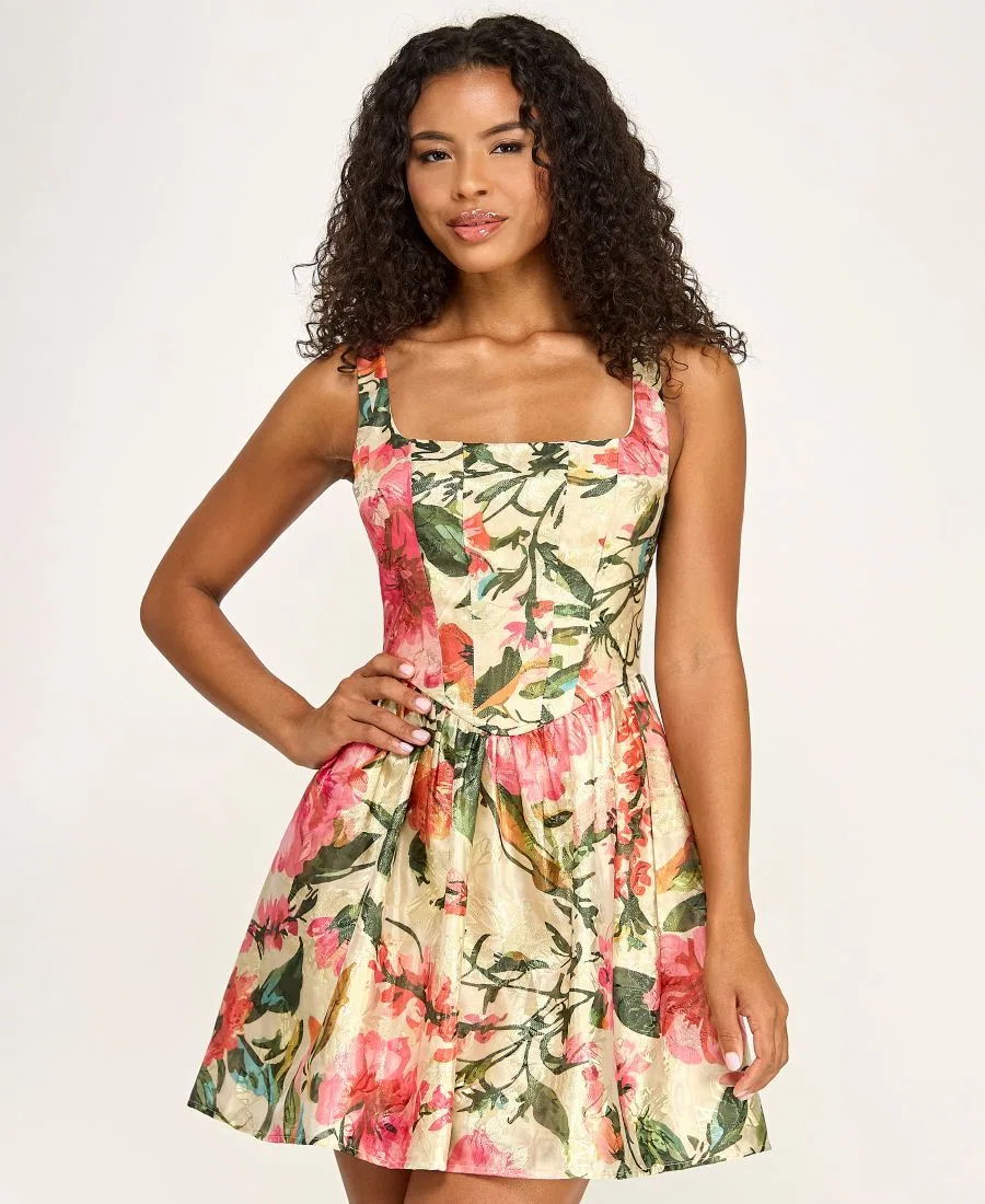 Платье-корсет на квадратном вырезе с принтом, модель Printed Jacquard Square Neck Corset Drop-Waist Dress SENI & CADE, Beige Green Pink