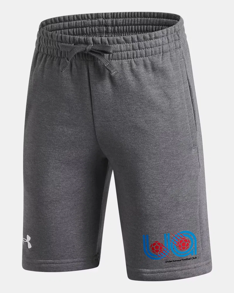 Шорты для мальчиков 20 см флисовые с эластичным поясом UA Rival Fleece Soccer UnderArmour, Castlerock Light Heather/White — фото 3