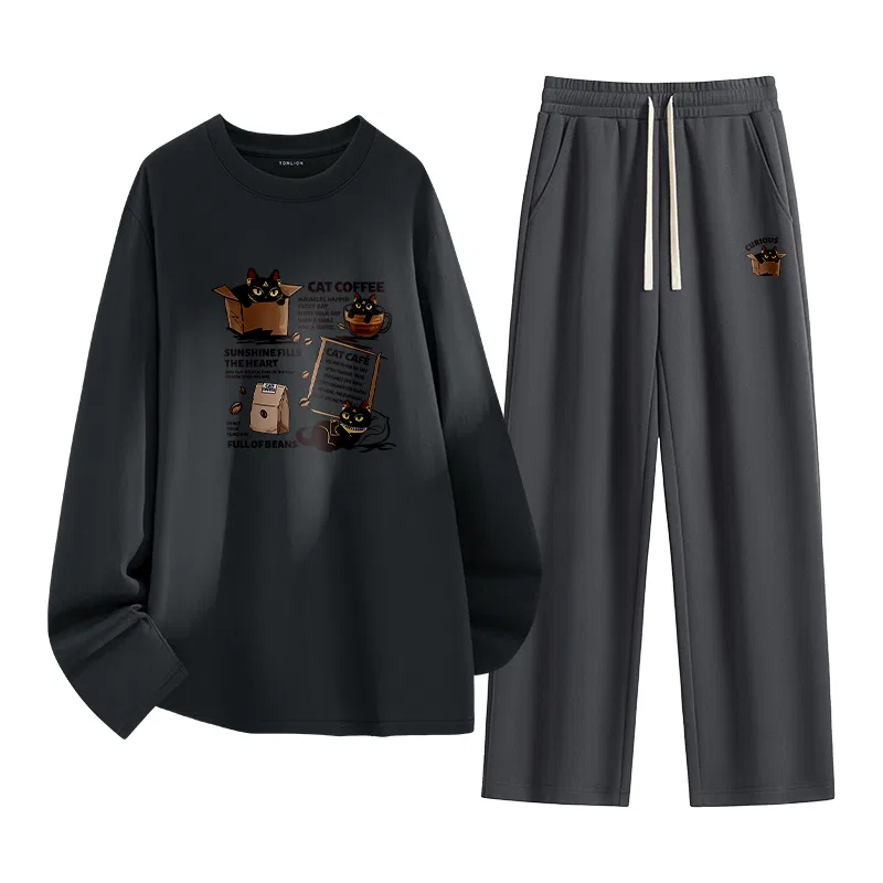 Детский комплект из футболки и брюк с принтом Tonlion, Deep Grey Tb Coffee And Cat