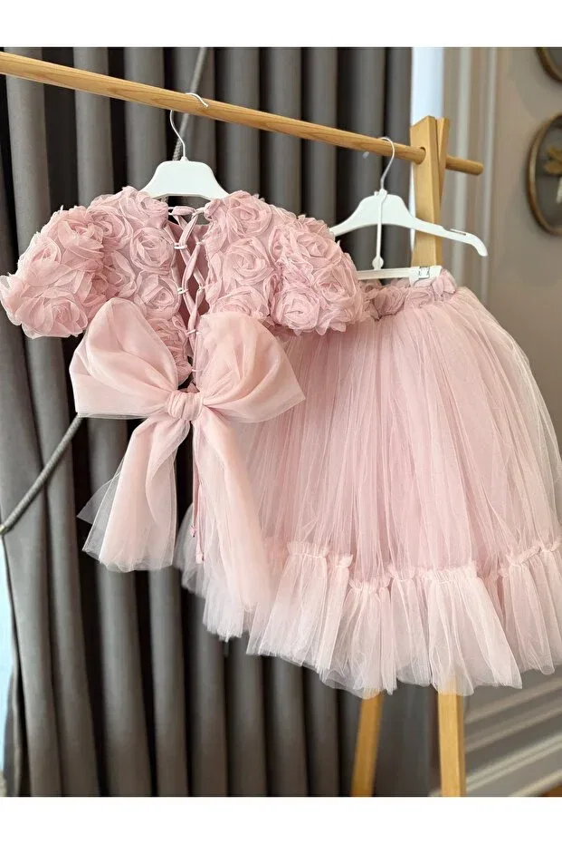 Платье для девочек с принтом Embossed floral tie-detail back drop top & long skirt girls' set with bow detail Baby Aden, Pink