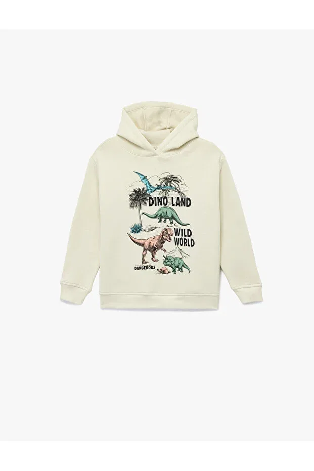 Детские свитшот для мальчиков с принтом Shardonlu Dinosaur Printed Long Sleeve Hooded Koton, Ecru