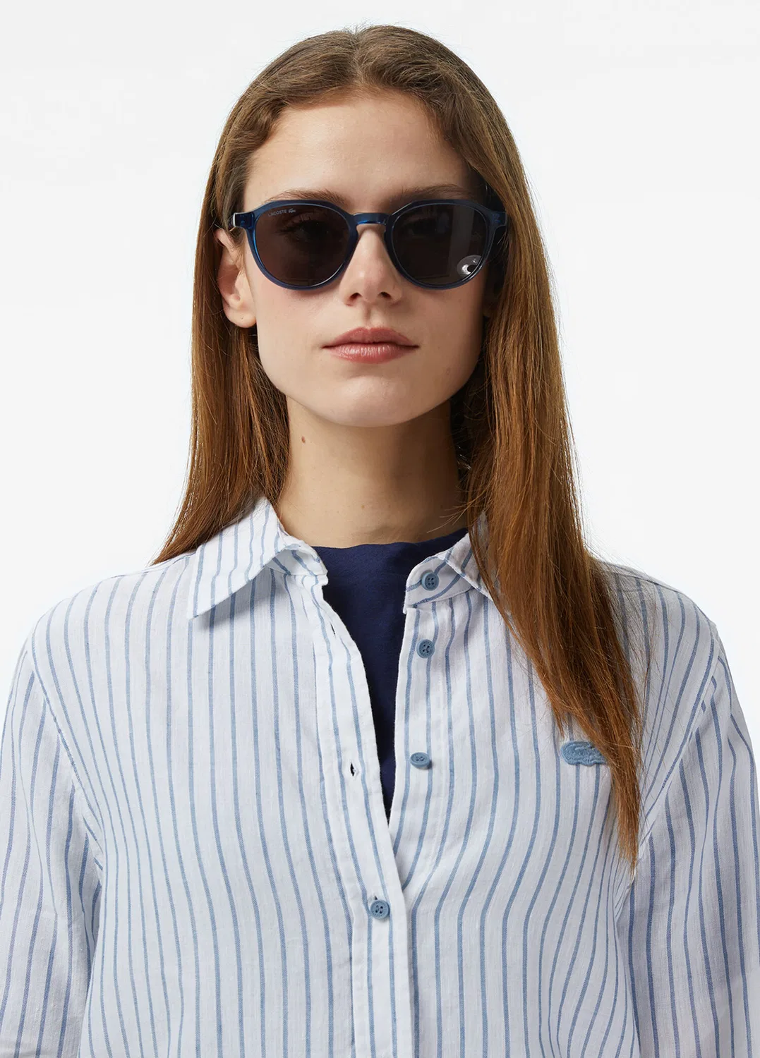 Блузка Lacoste Mavi Çizgili Keten Relaxed Fit, полоска, синий — фото 4