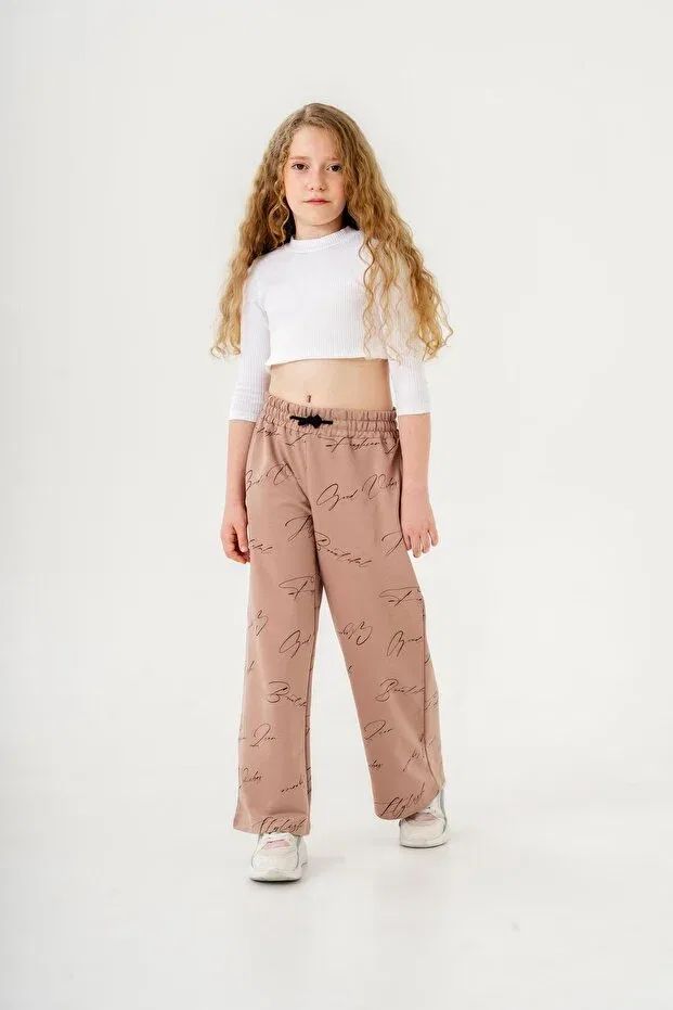 Детские спортивные штаны для девочек с принтом Wide Leg Mışıl Kids, Beige