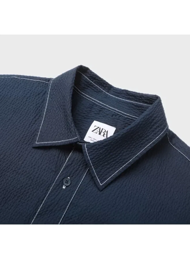 Рубашка с коротким рукавом, текстурированная Zara, темно-синий — фото 4