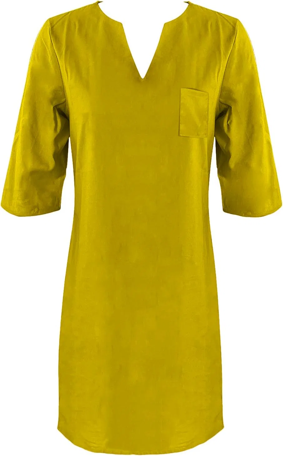 Женское мини-платье с V-образным вырезом и коротким рукавом из льна, Yellow — фото 3