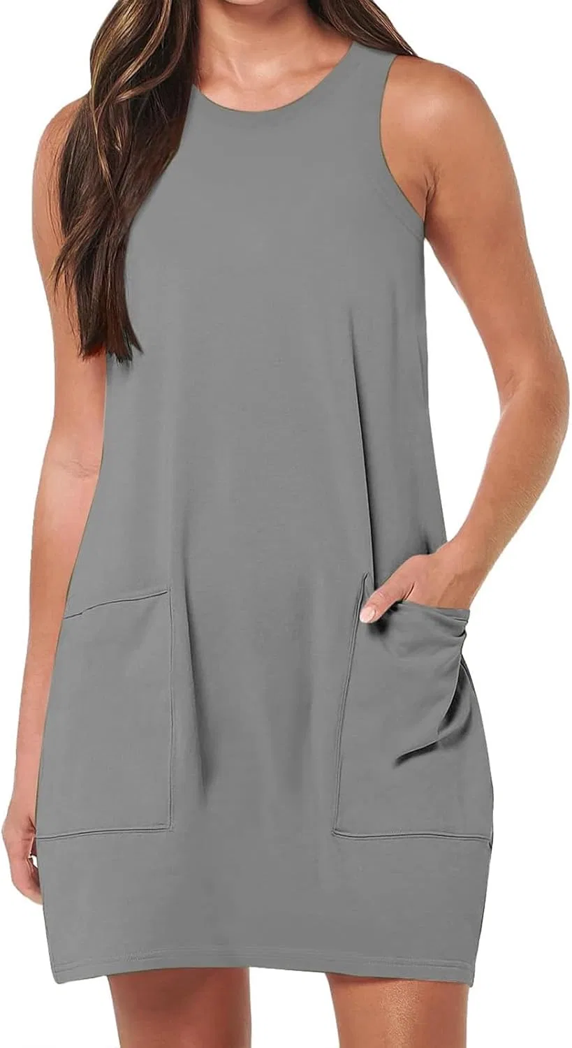Женское мини-платье с карманами Sleeveless Summer Casual Loose Tank Dress Cute Crewneck Vacation Beach, Grey
