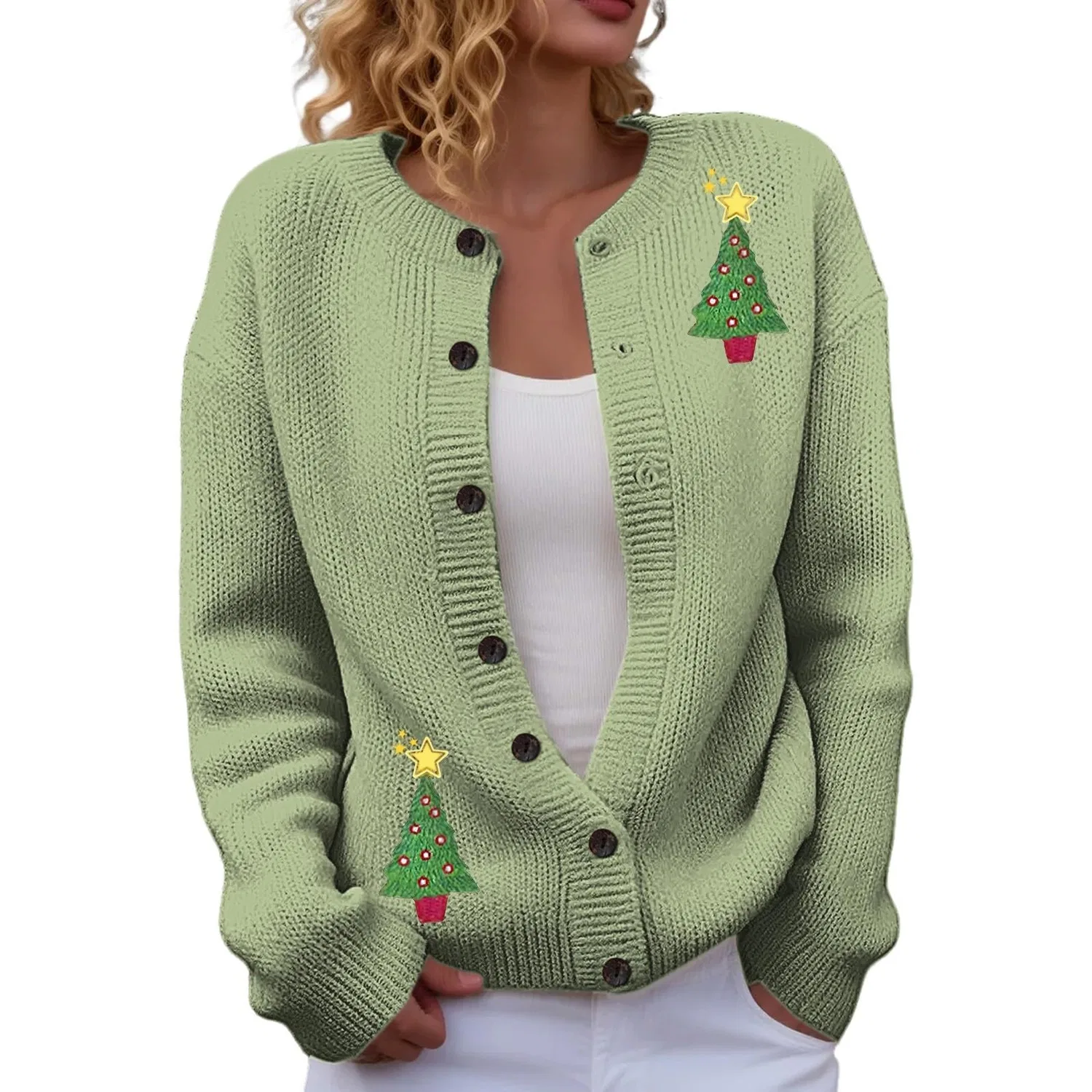 Женский кардиган с принтом Christmas Tree, с длинным рукавом, green