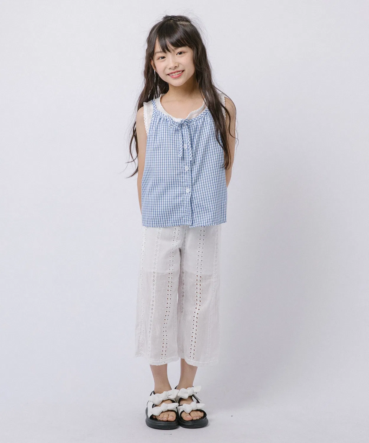 Детский комплект из топа на бретелях и брюк с кружевом, модель Gingham Check URBAN CHERRY, Blue