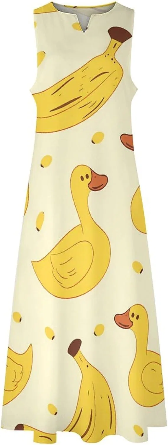 Женский летний сарафан без рукавов с карманами, Yellow Duck and Bananas, Style-3 — фото 4