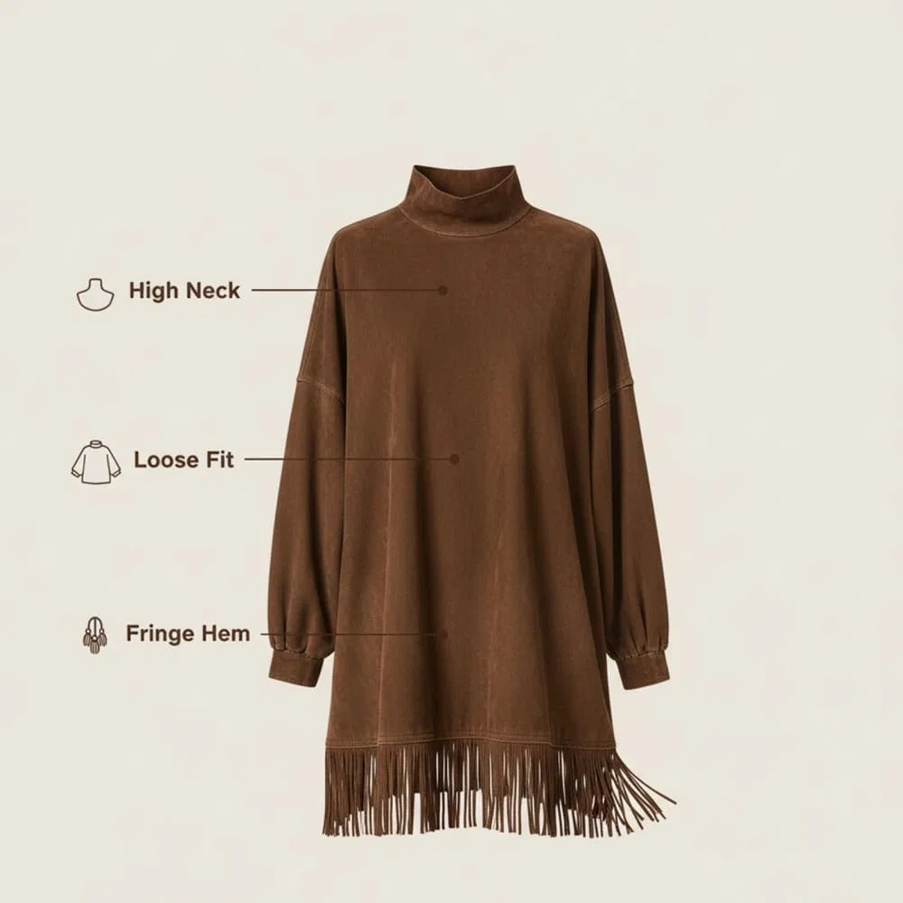 Женское мини-платье с бахромой из искусственной замши Generic, Brown — фото 3