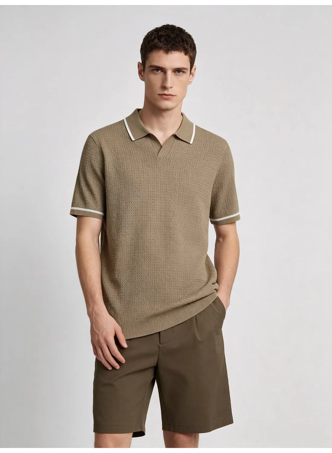 Поло мужское с коротким рукавом и контрастными лацканами Zara, хаки — фото 3