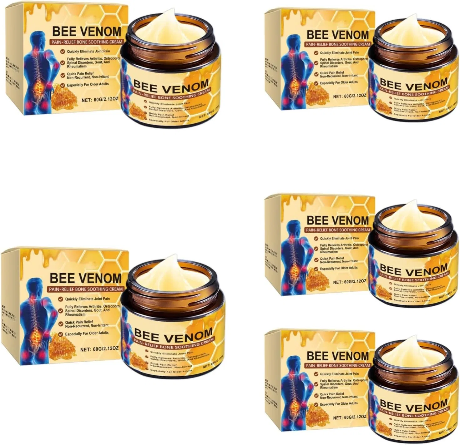 Крем для суставов с пчелиным ядом, 5 шт, 60 г, Bee Venom Cream Joints Generic