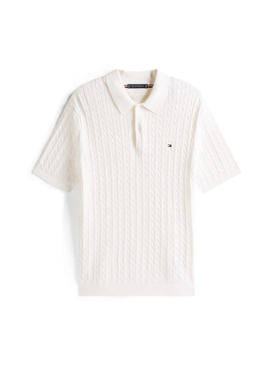 Рубашка TOMMY HILFIGER 'Cable Short Sleeve' белого цвета