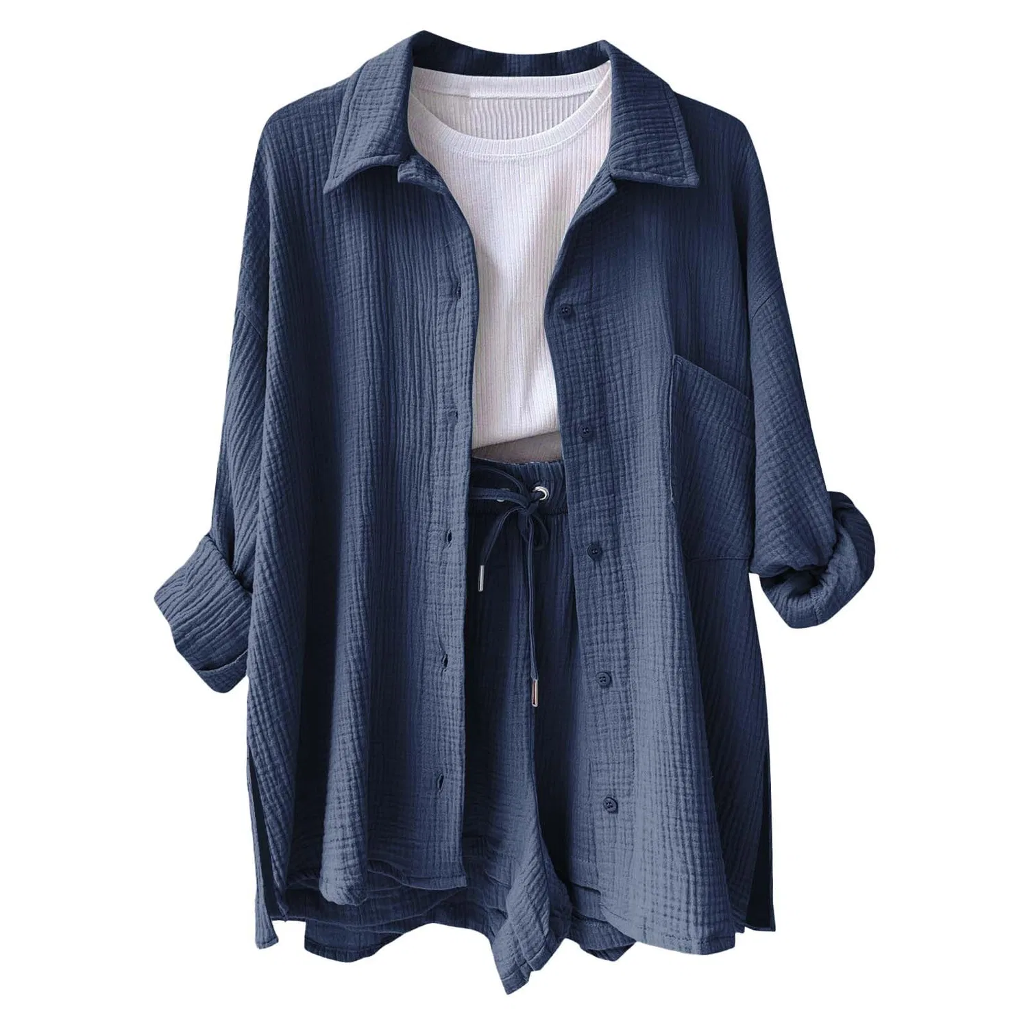 Женская льняная блузка с длинным рукавом, Dark Blue