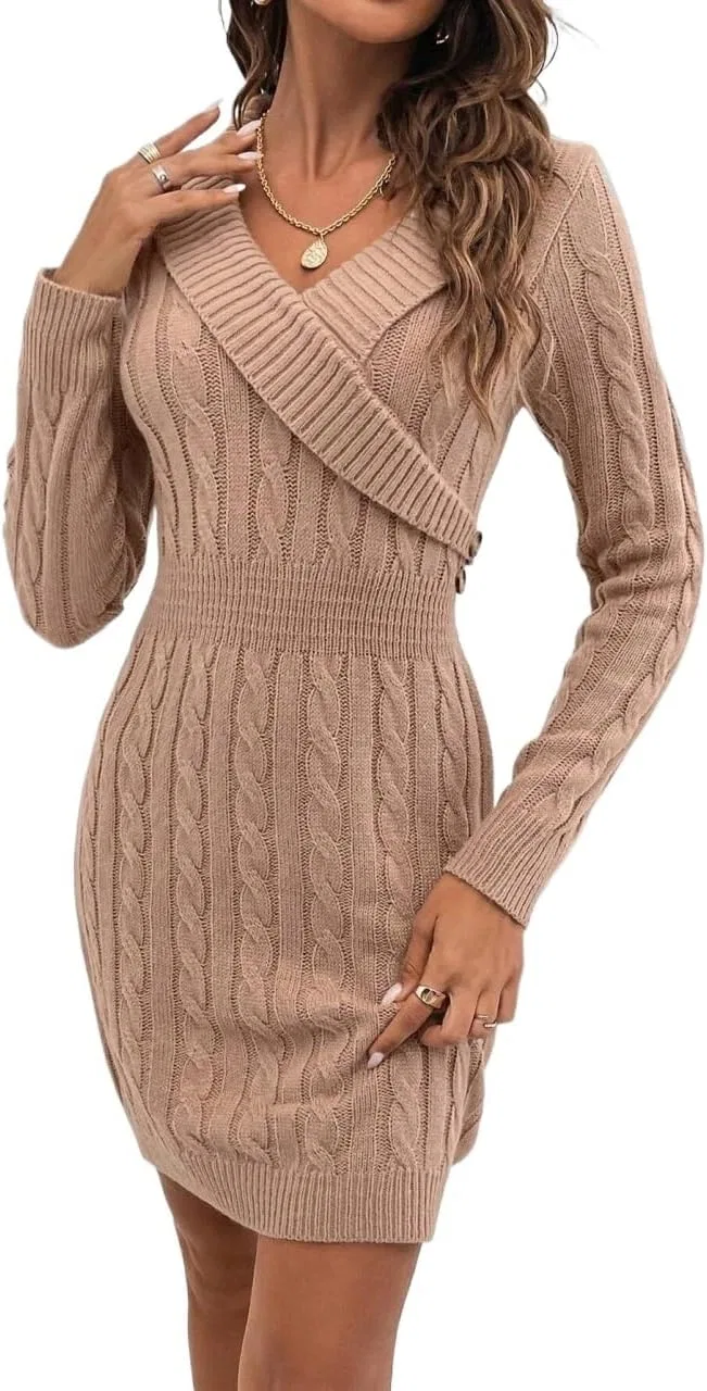 Женское кашемировое платье-свитер с косами Casual, Khaki