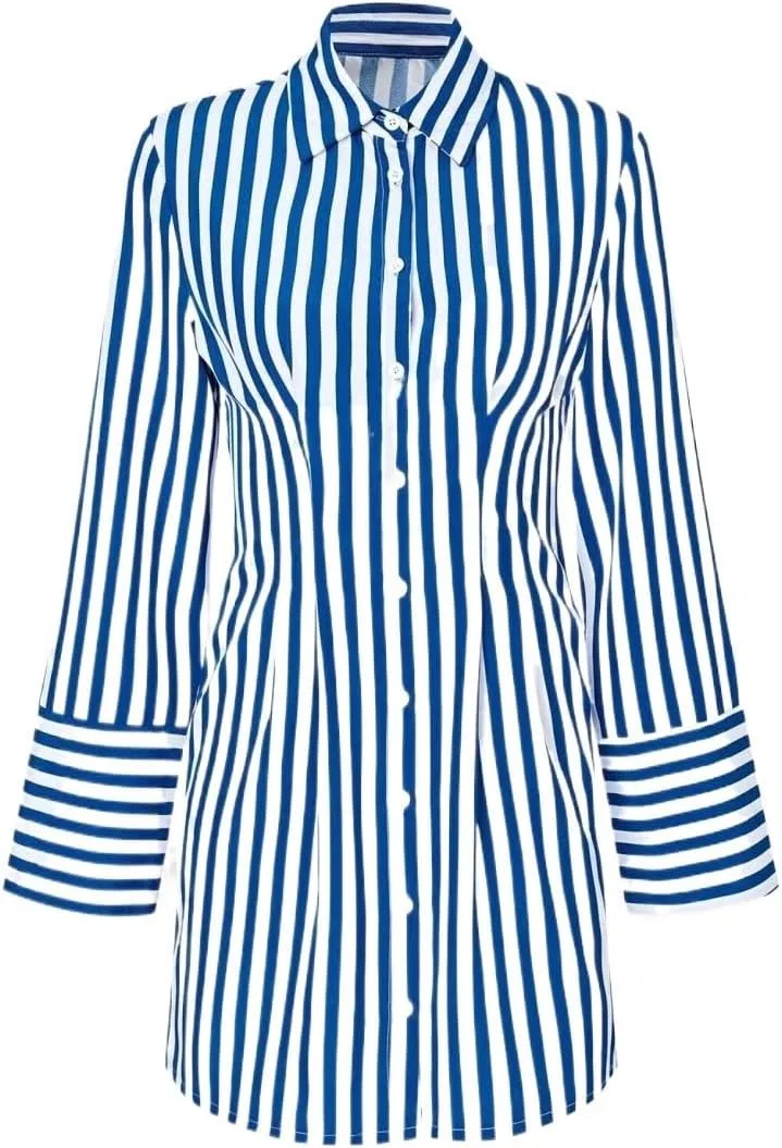 Женское мини-платье-рубашка в полоску с карманами, Blue/White
