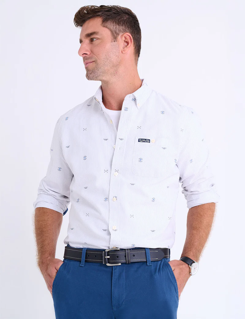 Рубашка U.S. Polo Assn Long Sleeve All Over Logo Print Oxford, светло-серый — фото 4
