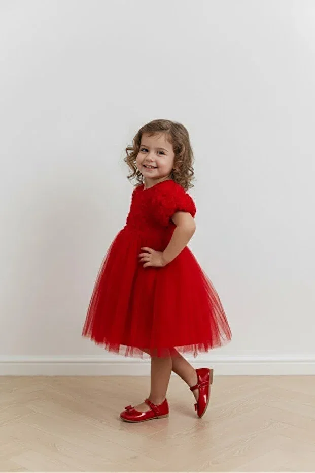Детское платье для девочек с принтом 3D Rose Appliques Furyatex, Red — фото 2