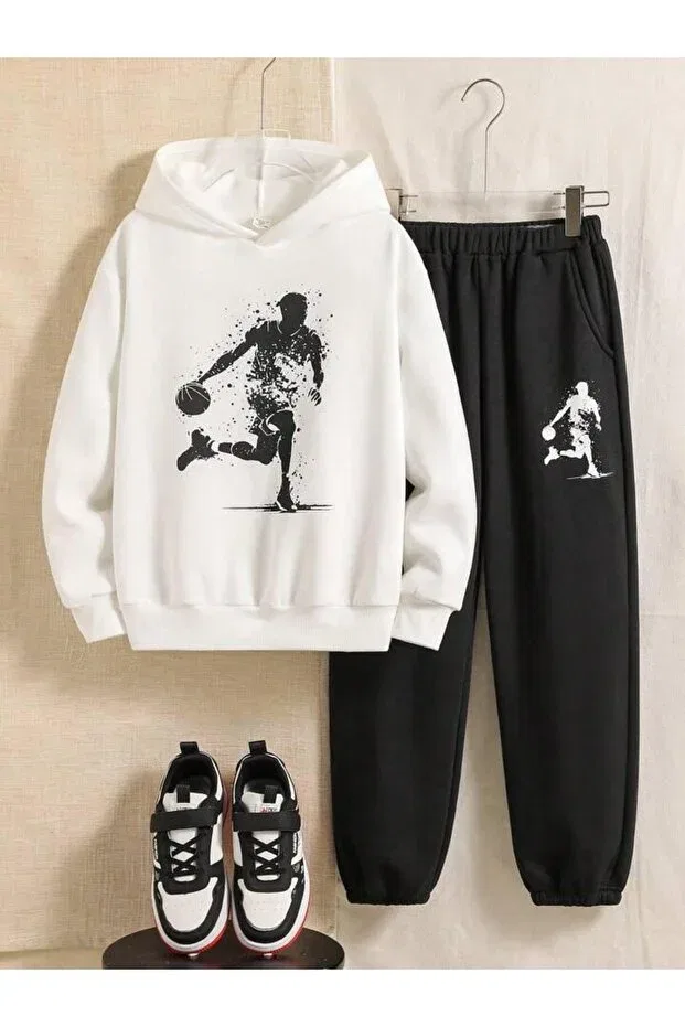 Детский спортивный комплект для мальчиков с принтом Basketball Player Morning Kids, White Black
