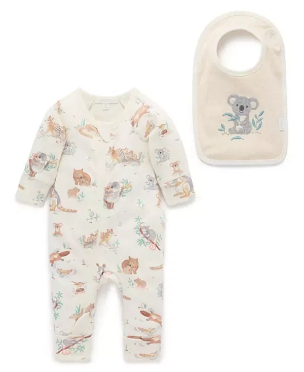Детский комплект для новорожденных с длинным рукавом Australiana Animals Zip Romper & Bib Set Purebaby, Bush Babies