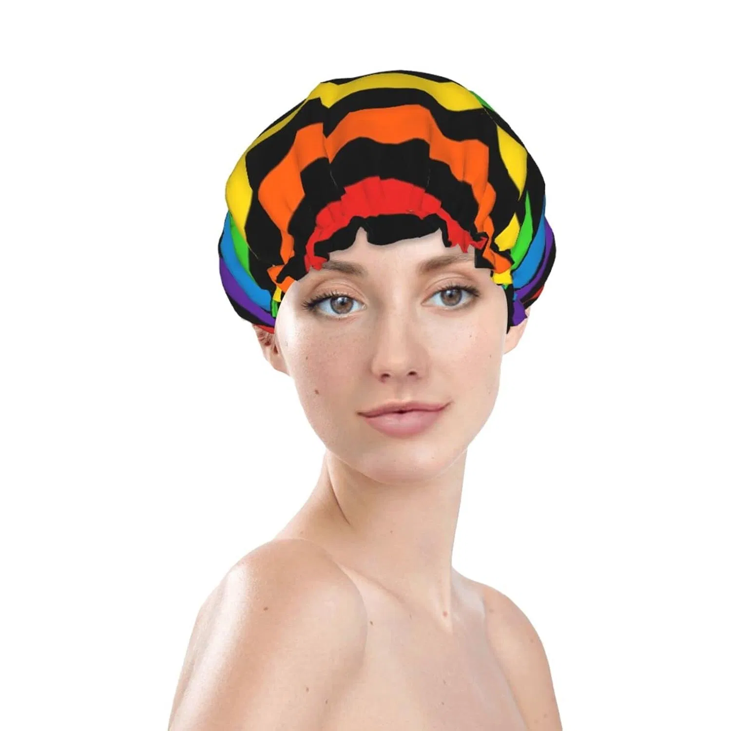Водонепроницаемая шапочка для душа Oudrspo, двухслойная, Stripes Horizontal Rainbow — фото 2