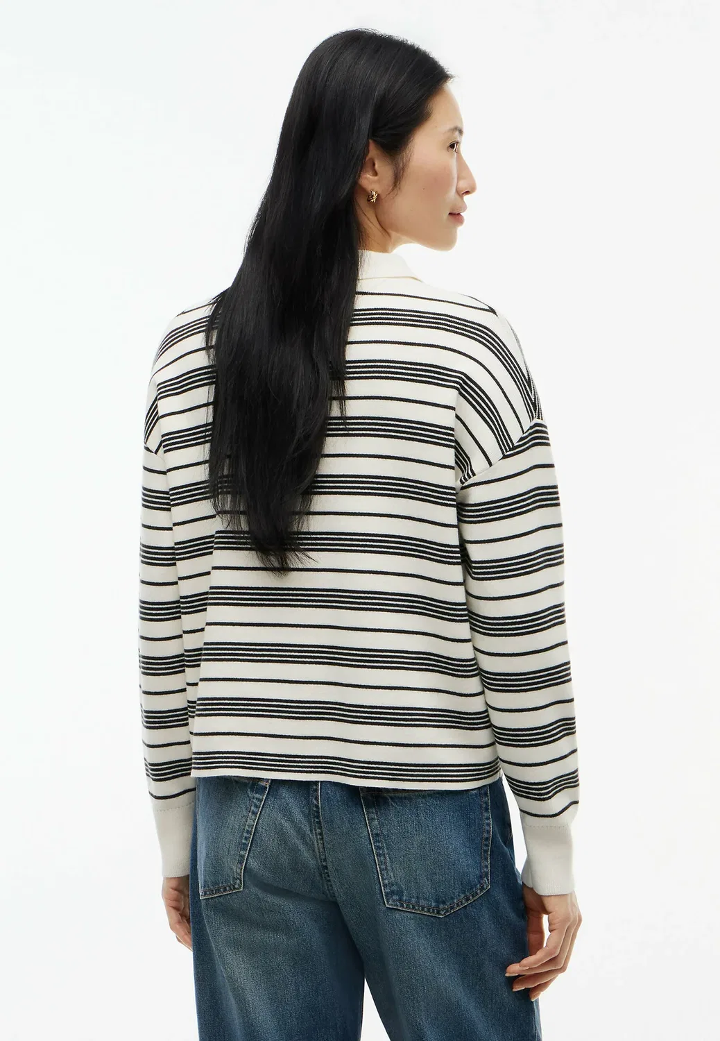 Премиальный вязаный поло-джемпер с золотистыми пуговицами Tommy Hilfiger, Broken Stripe Ecru Black — фото 3