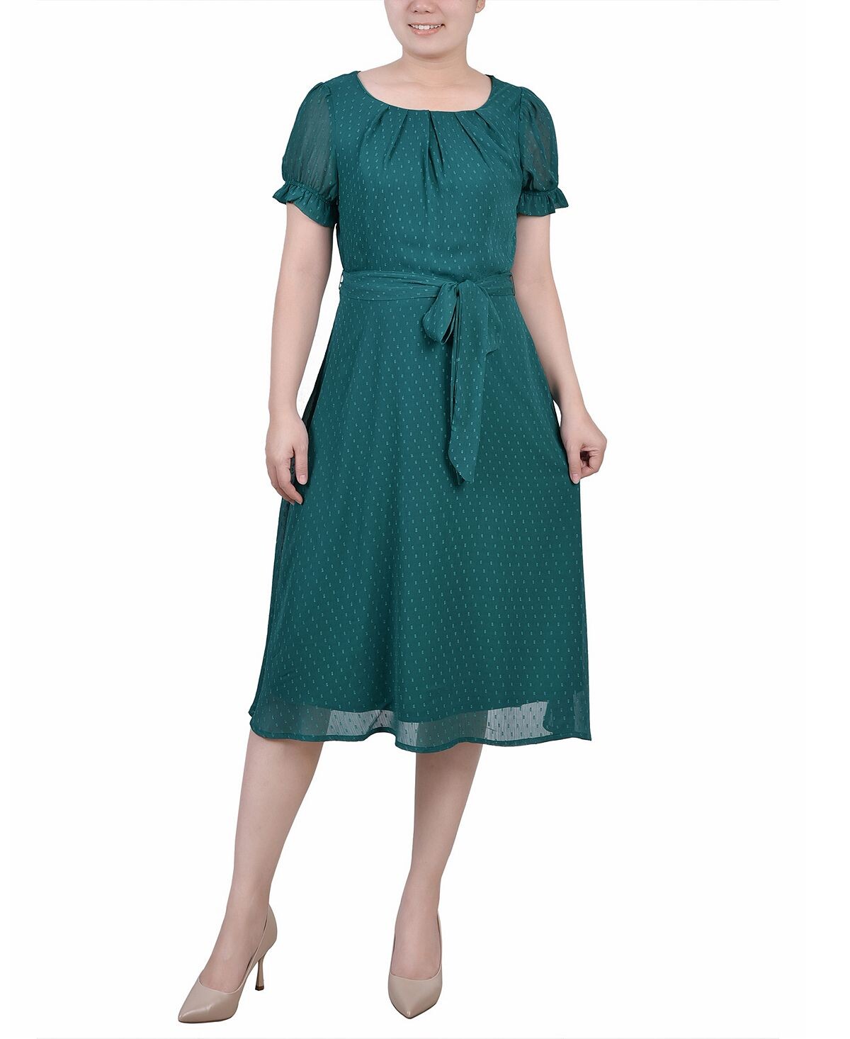 

Миниатюрное платье в горошек с поясом и короткими рукавами NY Collection, мульти