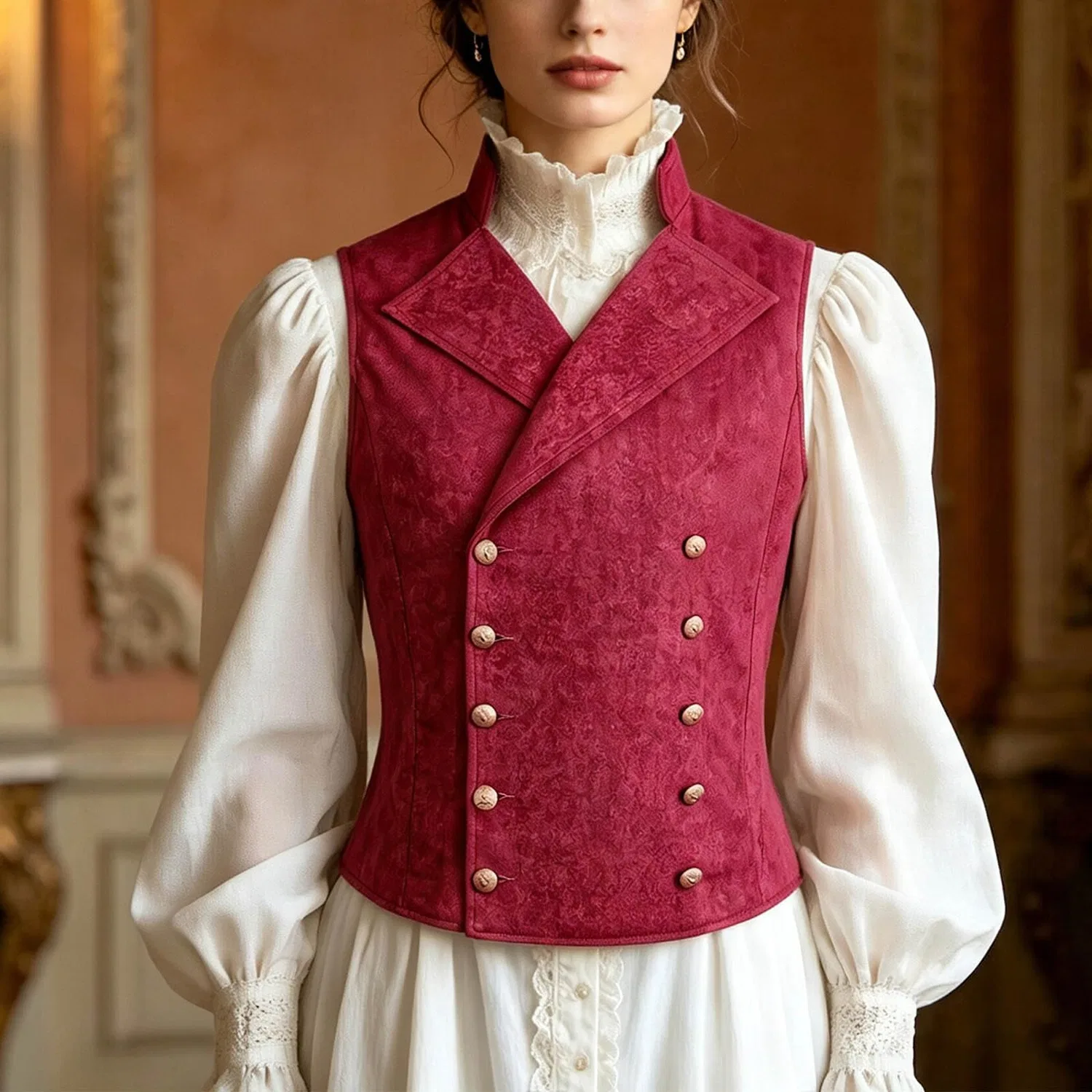 Женский жилет-туника с принтом Themed Double Breasted Vest With Steam Punk Detailing, Rosso — фото 2