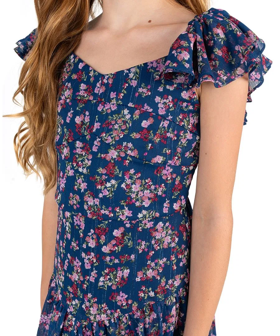 Платье из шифона с люрексом и рюшами Floral Lurex Stripe Chiffon Dress Rare Editions, Navy — фото 2
