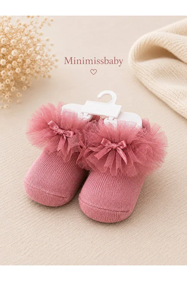 Детские носки для девочек с бантом тюлевые набор 2 шт Bow detailed tulle baby girl socks set of 2 Minimissbaby, Metallic — фото 2