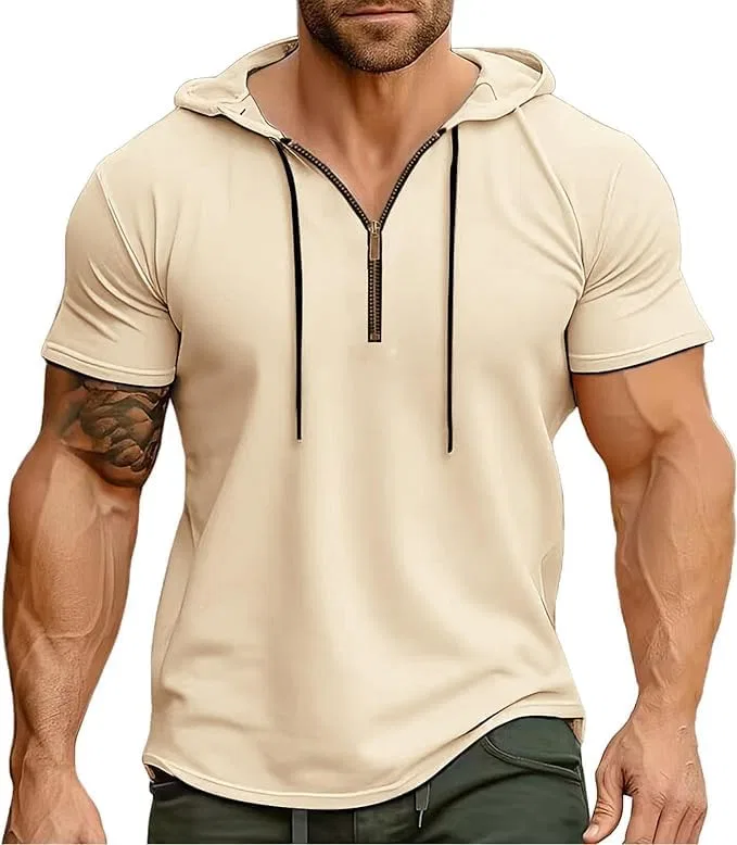Мужская футболка с четвертью молнией и капюшоном, Khaki